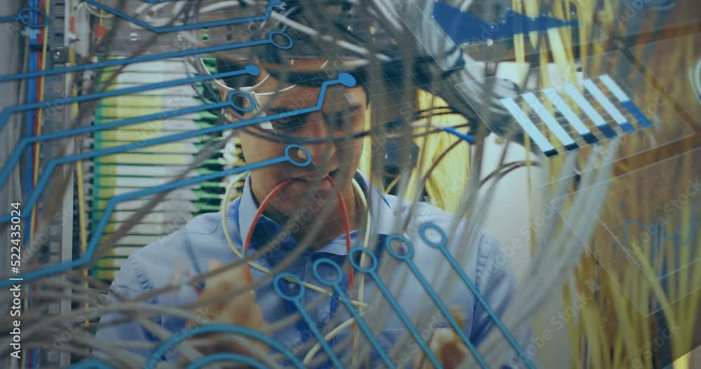 Poster animation of interface with data processing over caucasian male engineer working at server room