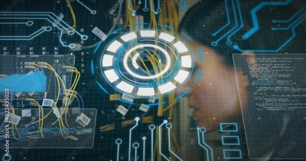 Poster animation of round scanner and data processing over biracial female engineer working at server room