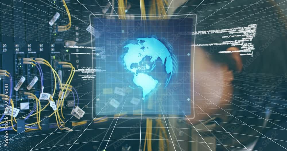Poster animation of interface with data processing over biracial female engineer working at server room