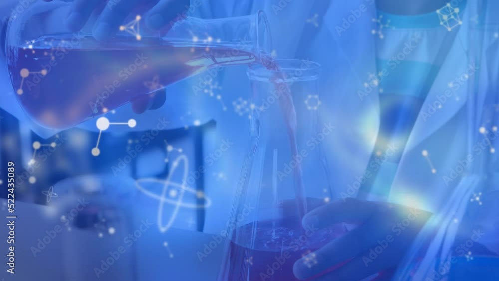 Aufkleber animation of molecular structure floating over caucasian boy working at laboratory