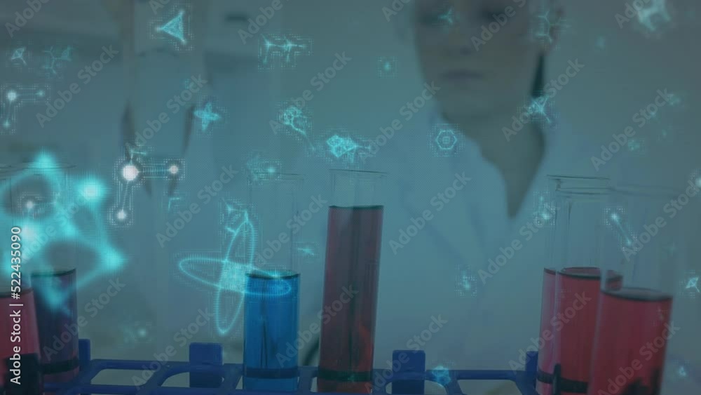 Poster animation of glowing molecular structure floating over caucasian scientist working at laboratory