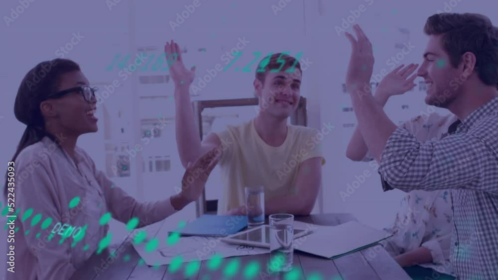 Poster animation of data processing over diverse colleagues high fiving each other at office