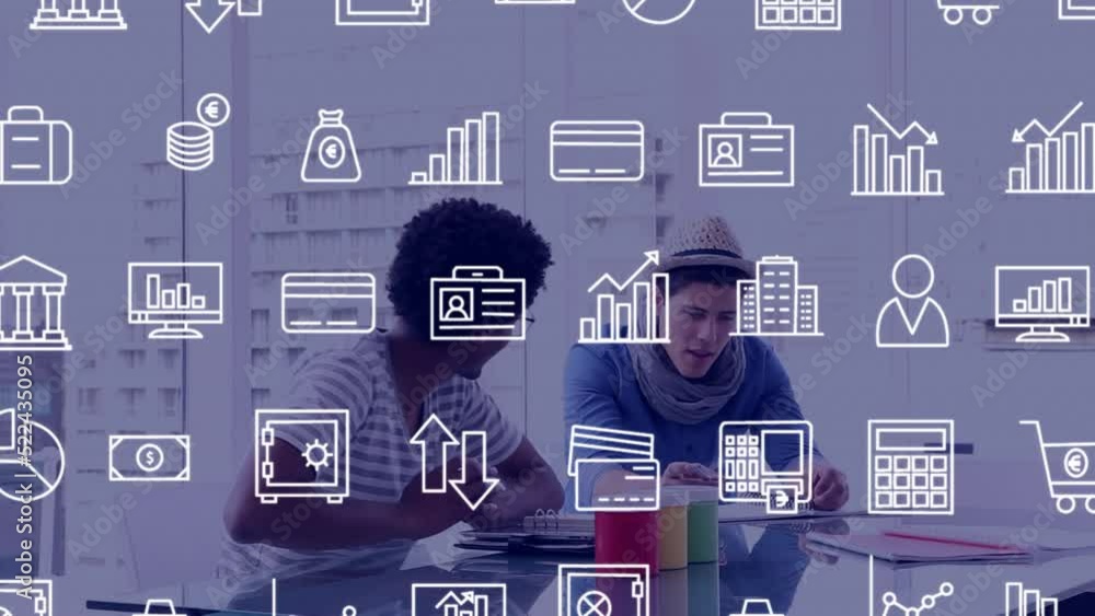 Poster animation of multiple digital icons moving over two diverse men discussing at office