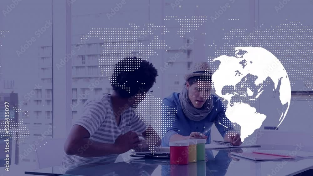 Poster animation of spinning globe and world map against two diverse men discussing at office