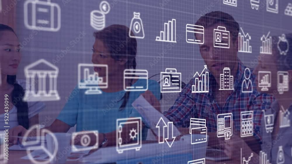 Poster animation of multiple digital icons moving over diverse colleagues discussing at office