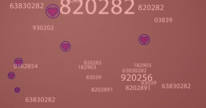 Animation of multiple heart icons and changing numbers floating against pink background