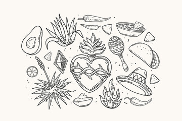 Large set of traditional Mexican symbols in linear style. Drawn agave, heart, sombrero, maracas, taco flatbread, avocado, fire, guacamole sauce, jalapeno pepper. Vector illustration.