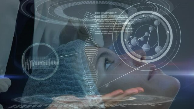 Animation of medical data processing over caucasian woman getting botox treatment on her face