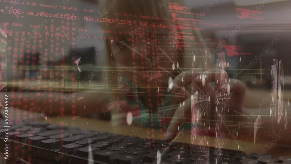 Poster animation of data processing over caucasian girl using computer at school