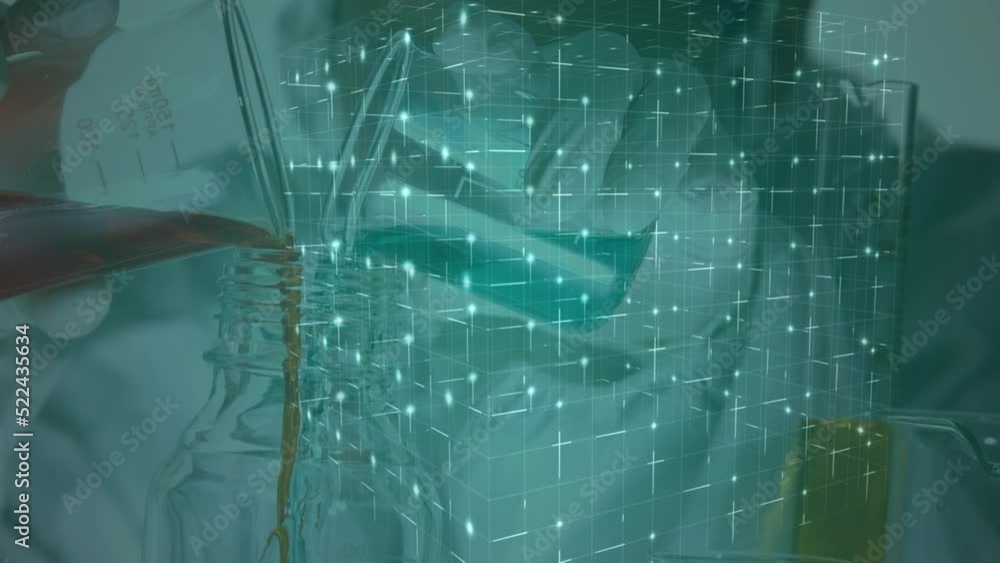 Poster animation of cube of network of connections over mid section of scientist working at laboratory