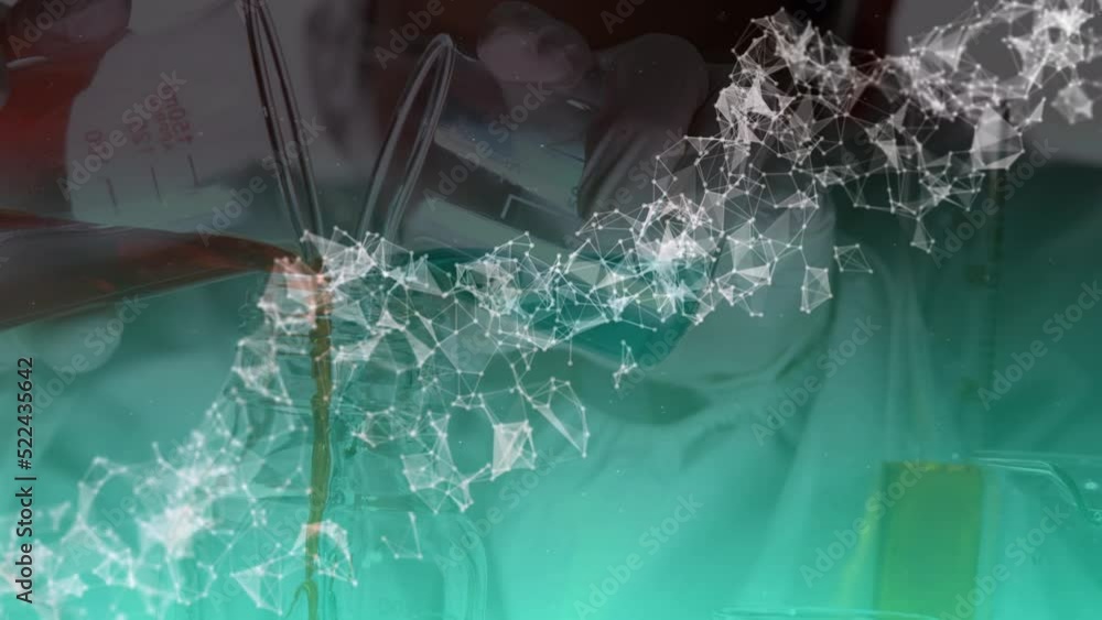 Poster animation of network of connections spinning over mid section of scientist working at laboratory