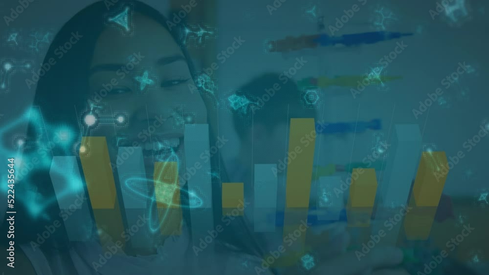 Poster animation of molecular structures and graphs over biracial female scientist working at laboratory