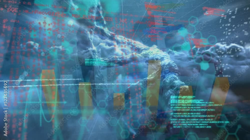 Poster animation of medical data processing and graphs over dark clouds in the sky