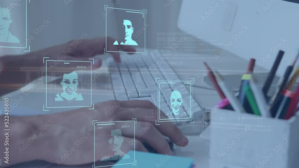 Poster animation of multiple profile icons and data processing over mid section of man using computer