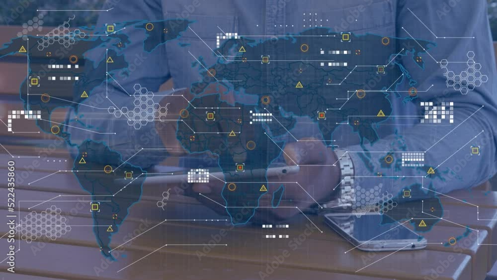 Poster animation of data processing over world map against mid section of man using digital tablet