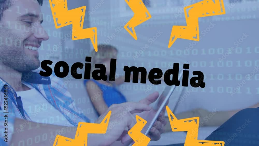 Poster animation of social media text banner and binary coding over caucasian man using digital tablet