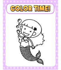 Worksheets template with color time! text and mermaid outline