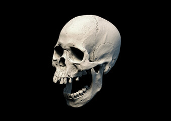 The Anatomical right Human skull in full face on a black isolated background. Concept of death, horror. Spooky Halloween symbol, virus. print, poster. wallpaper. 3d render illustration.
