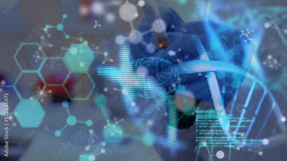 Aufkleber animation of dna strand and scientific data processing over man working in laboratory