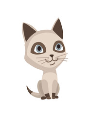 Cartoon cat character. Siamese colorpoint pet. Adorable domestic cat sitting. Funny happy and playful animal. Cute two color kitten