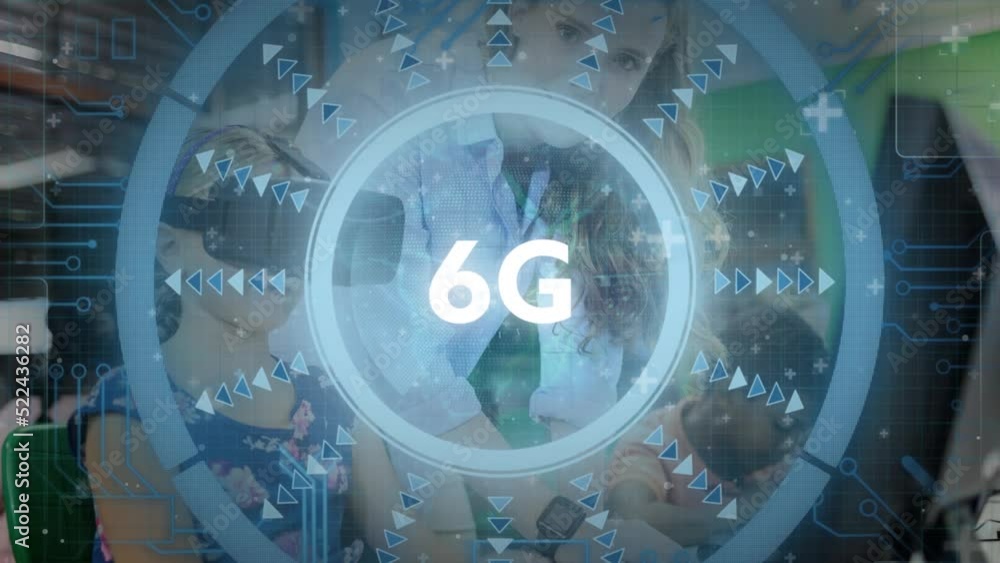 Poster animation of 6g text and data processing over teacher and schoolgirl using computer and vr