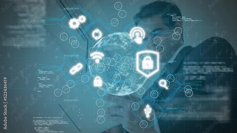 Poster animation of media and security icons, globe and data processing over businessman