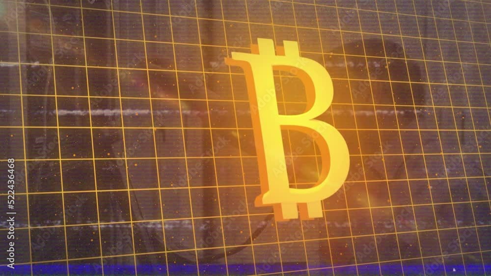 Poster animation of interference and bitcoin symbol on grid over businessman using telephone