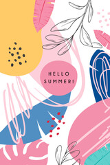 Vector hand drawn abstract cover with tropical leaves. Vertical banner. Hello summer. Summer design. Bright cover for a notebook, fabric, clothes, gift paper.