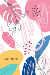 Vector hand drawn abstract cover with tropical leaves. Vertical banner. Summer design. Bright cover for a notebook, fabric, clothes, gift paper.