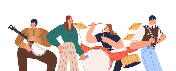 Music band with woman singer vocalist and men musicians performance. Star group portrait playing instruments, drum, banjo and singing. Flat graphic vector illustration isolated on white background