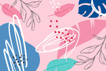 Tropical leaves. Wallpaper. For banner, postcard and posters. Vector. Hand drawn doodle elements: dots, circles, doodles. Modern design.