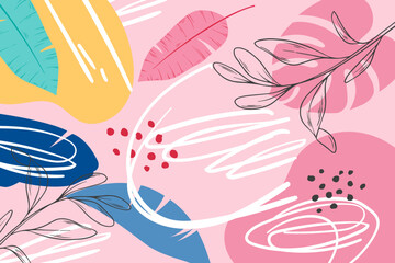 Tropical leaves. Wallpaper. For banner, postcard and posters. Vector. Hand drawn doodle elements: dots, circles, doodles. Modern design.