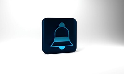 Blue Ringing bell icon isolated on grey background. Alarm symbol, service bell, handbell sign, notification symbol. Blue square button. 3d illustration 3D render