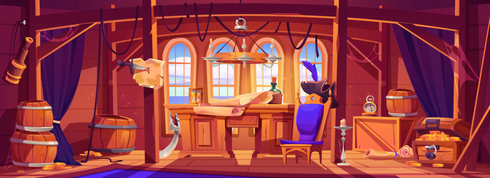 Pirate capitan ship cabin. Wooden room interior, game background with corsair stuff and items. Table with bottle of rum, map, treasure chest, cocked hat and spyglass, Cartoon vector illustration