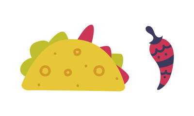 Taco with meat and vegetable and chili pepper cartoon vector illustration