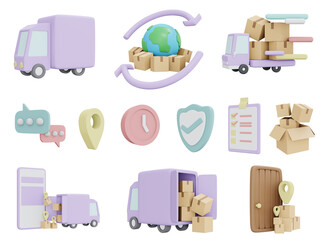 3D Rendering icons of delivery business concept of worldwide shipping fast and secured isolated on white background. 3D Render illustration cartoon style.