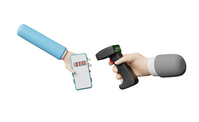 hands holding barcode scanner with mobile phone, smartphone isolated, 3d illustration or 3d render
