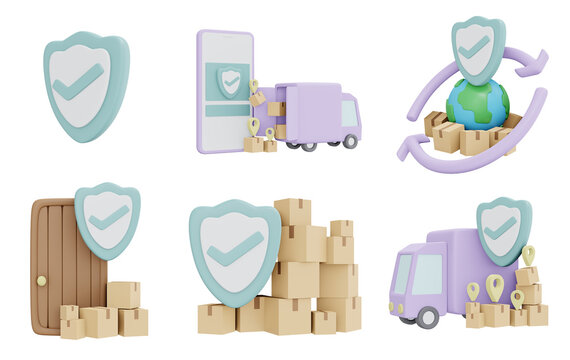 3D Rendering icons of delivery business concept of worldwide shipping fast and secured isolated on white background. 3D Render illustration cartoon style.