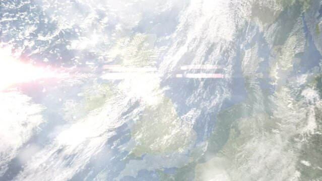 Earth zoom in from outer space to city. Zooming on Sunderland, UK. The animation continues by zoom out through clouds and atmosphere into space. Images from NASA