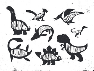 Set of silhouette of dinosaurs with lettering.  © Tatiana