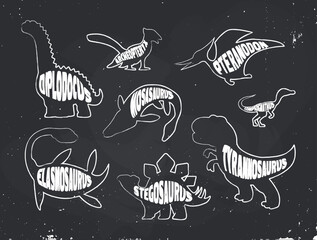 A set of chalk outlines of white dinosaurs with inscriptions on a chalkboard background. Vector illustration © Tatiana
