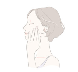 頬に手を添える横顔の女性 - 美容　スキンケア　ナチュラル　ショートボブ