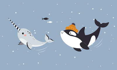 Set of cute wild polar animals. Narwhal and grampus marine mammals vector illustration