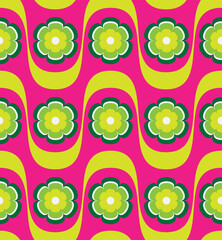 Abstract Wavy Stripes Retro Flowers Trendy Colors Vector Seamless Pattern Perfect for Allover Fabric Print or Wrapping Paper