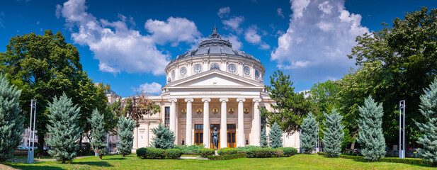 Travel to Romania. Amazing view of the Romanian Atheneum landmark from Bucharest in a beautiful...