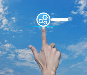 Hand pressing seo flat icon over blue sky with white clouds, Search engine optimization concept