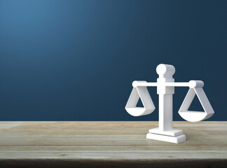 Law 3d icon on wooden table over light blue wall, Business legal service concept