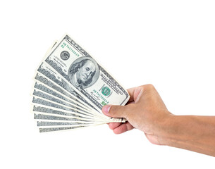 Man hand holding 100 dollar banknote isolated