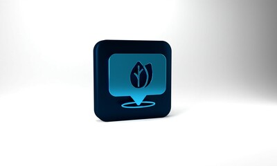 Blue Location pin with leaf inside icon isolated on grey background. Leaves sign. Fresh natural product symbol. Blue square button. 3d illustration 3D render