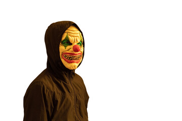 Man wearing joker mask isolated - obrazy, fototapety, plakaty